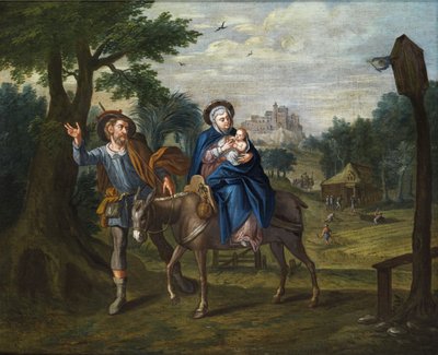 Flight into Egypt. Harvesting in the Background, a Wayside Shrine on the Right by Unbekannt Unbekannt